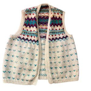 Handknit Cotton Fair Isle Vest Off-white with Multi-colored Pattern - Size S